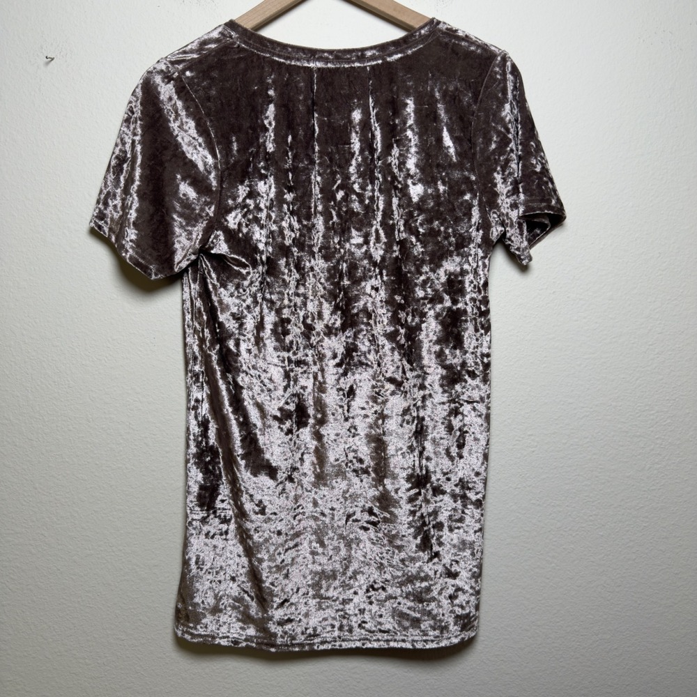 POL Women Crushed Velvet Top Small Tan V-Neck Pocket Short Sleeve Indie Sleaze - Picture 4 of 7